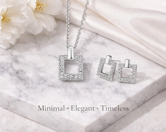 Conjunto de collar y pendientes de cristal cuadrado en tono plateado, joyería minimalista geométrica con colgante, regalo elegante para ella, conjunto nupcial.