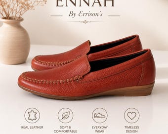 Vintage Italian Leather Loafers Women UK 6 Soft Comfort Slip On Shoes Cognac Brown Everyday Moccasins Bonetti Hovercraft