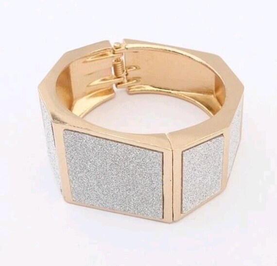 Hexagonal Gold Statement Bracelet with Glitter Si… - image 7
