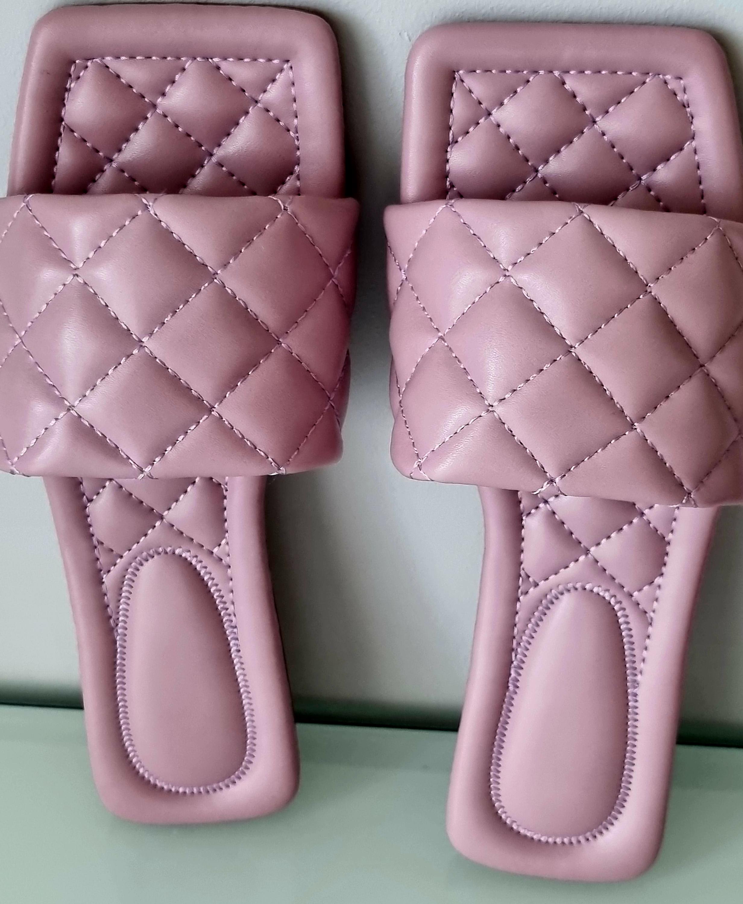 Pink Quilted Slip-on Sandals, Square Toe Summer Slides (EU 