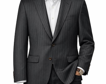 Vintage Made in England Wool Blazer Dark Olive Herringbone Pinstripe 44R XL Double Vent