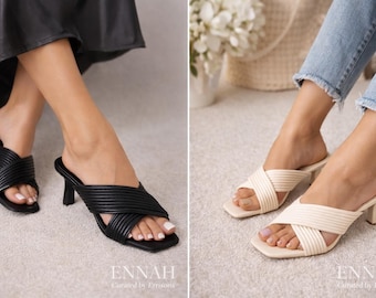 Black, Cream Square Toe Mule Heels Pleated Crisscross Sandals, Minimalist Kitten Heel Party Shoes, Elegant Slip On Heels UK 5–6