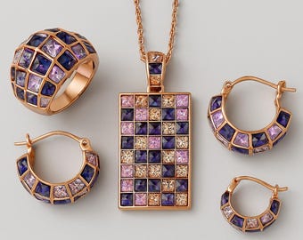Rose Gold Geometric Double Row Of Purple Crystal Jewellery Set Purple Gemstone Ring Pendant Hoop Earrings Elegant Gift for Her Jewellery Set