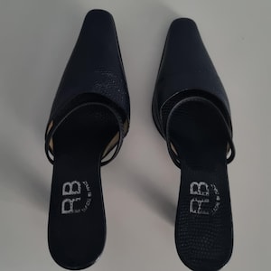Ladies Vintage   RB Italian  Made Ladies Navy Blue Authentic Leather Pointed Toe  Wedding Formal Slide Sandals Kitten Heel Mules UK size 6