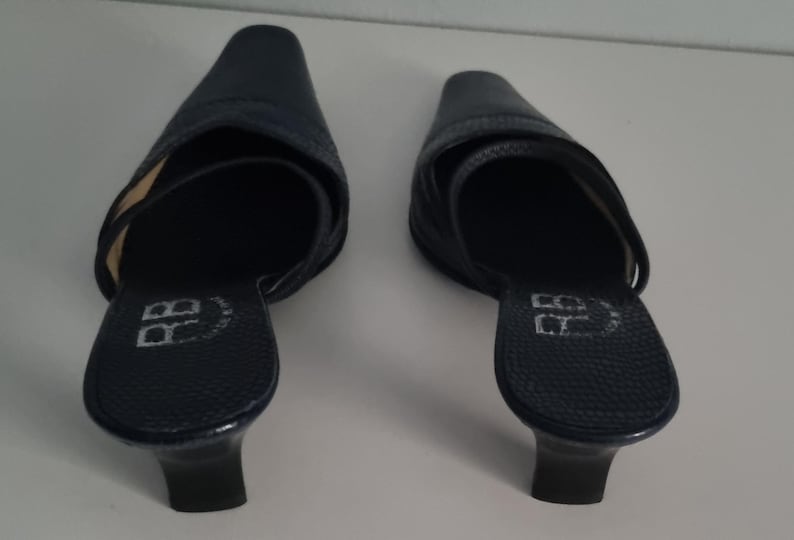 Pu&ograve; includere: Un paio di mules in pelle blu navy con punta e tacco basso. Le scarpe hanno una superficie strutturata e un cinturino sulla parte superiore del piede. I tacchi sono alti circa 5 cm.