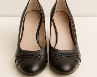 Footglove Black Leather Wedge Shoes  Women’s Wide Fit Office Heels Size 5 UK