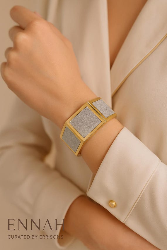 Hexagonal Gold Statement Bracelet with Glitter Si… - image 1