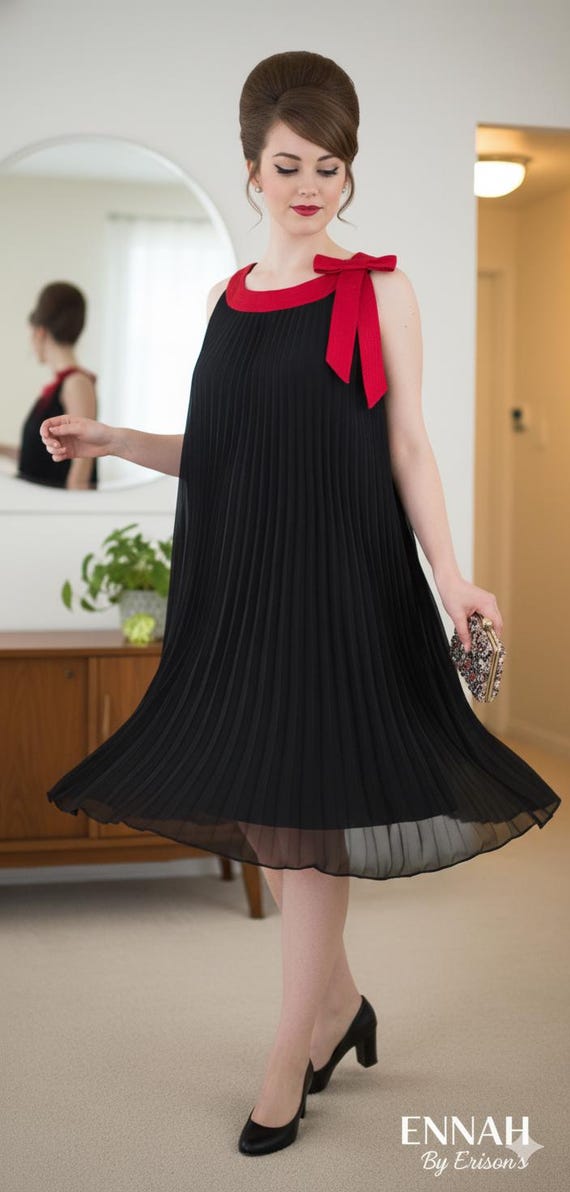 Vintage 60s Robbie Bee Trapeze Dress: Black Chiffon, Red Bow, UK 12 Vintage 60s Robbie Bee Trapeze Dress: Black Chiffon, Red Bow, UK 12