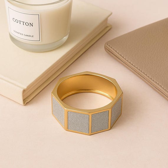 Hexagonal Gold Statement Bracelet with Glitter Si… - image 5