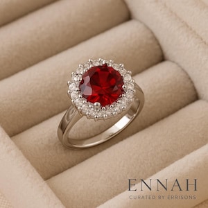 Vintage-Style Red Gemstone Halo Ring, White Gold-Plated