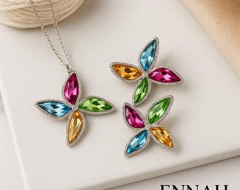 Colourful Butterfly Crystal Pendant Swirls Windmill Brooch Set Multicolour Crystal Jewellery Sparkling Statement Accessory Necklace Pendant