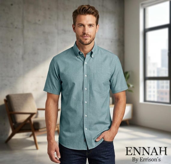 Ben Sherman, Vintage 90s Ben Sherman Teal Blue Oxford Shirt Short Sleeve Button Down Collar Size 15 38 Medium Retro Mod Casual Cotton Chambray Top