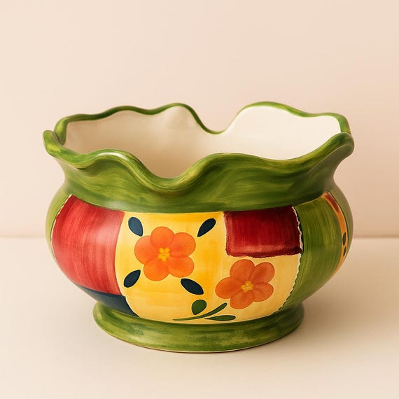 ヴィンテージの手描き陶器プランター、パッチワークの花柄デザイン 