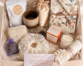 Caja de regalo de cumpleaños para ella, cesta de spa para el autocuidado, set de regalo de relajación, regalo para mimarse, regalo de bienestar para mujeres.
