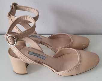 Pre-owned Vintage 1990&#39;s PRADA Beige Patent Leather Ankle Strap Pumps Shoe Size UK 4