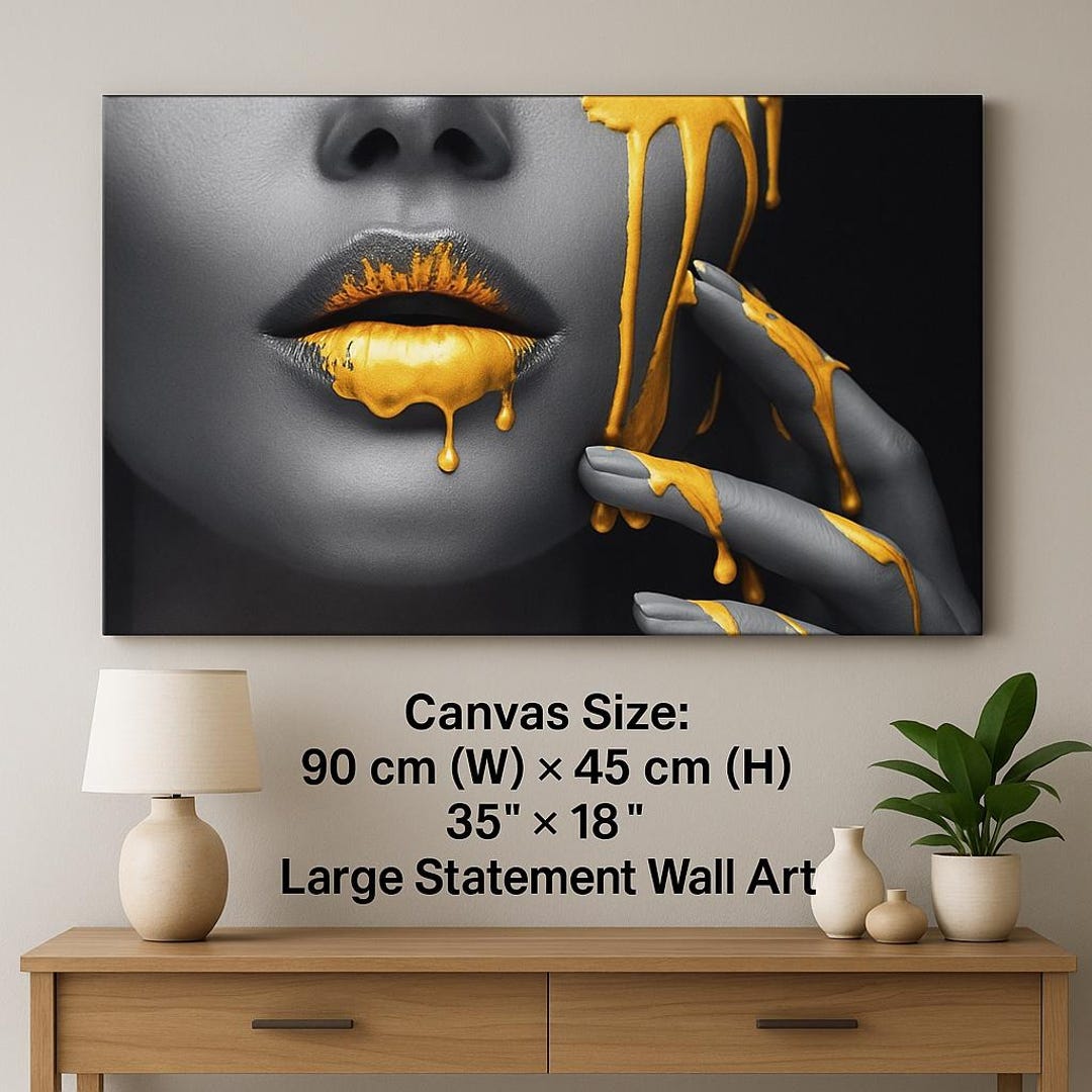 Gold Black Dripping Paint Lips Wall Art Modern Glam Canvas Luxury Black ...