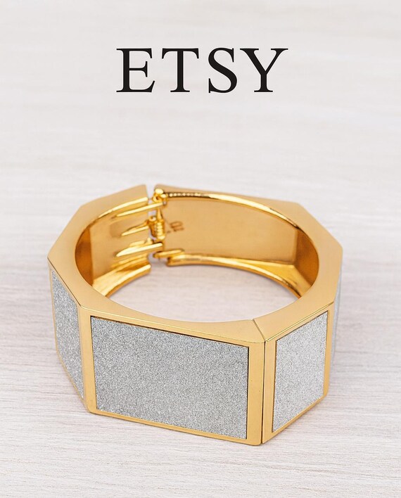 Hexagonal Gold Statement Bracelet with Glitter Si… - image 6