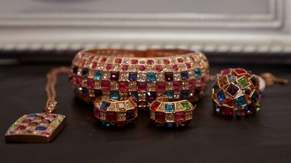 Jewellery Gift Set 18k Rose Gold Plated Multicolour Mosaic Duo Statement Rings, Pendants Earrings Elegant and Bold Bangle Jewellery Set