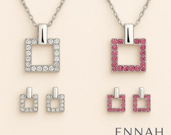 Square Crystal Necklace & Stud Earrings Set Silver Pink Rhinestone Jewellery Gift for Women Elegant Geometric Pendant and Stud Earrings Set