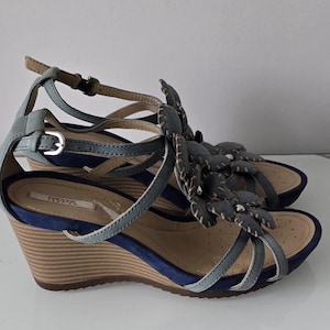 Vintage GEOX Leather Wedge Sandals – Pale Green Floral Detail Strappy Comfort Shoes  Breathable Cushioned Summer Style UK Size 4.5