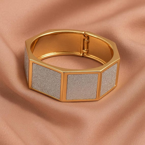 Hexagonal Gold Statement Bracelet with Glitter Si… - image 3