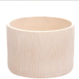 May include: A cylindrical ceramic planter with a light beige finish and a textured surface that mimics the appearance of wood grain. The vessel features an open top and a smooth, rounded rim, providing a simple and functional container design.