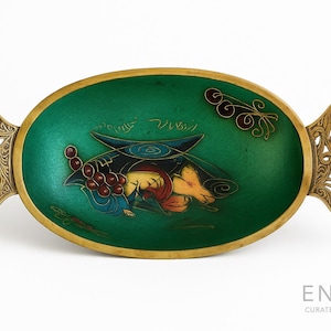 Vintage Cloisonné Enamel Bowl W/Brass Handles Mid Century Decorative Dish Green Enamel Trinket Bowl Collectible Hand Painted Art Oval Bowl
