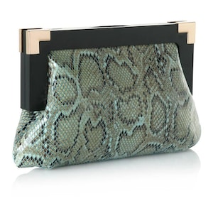 Bolso de mano de noche informal sin tirantes con estampado de serpiente verde y negro vintage (principios de los años 2000) para mujer