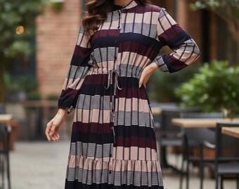 Nazra Check Midi Dress 42-44 Geometric Print Long Sleeve Dress  Elastic Waist Tiered Hem Casual Retro  Dress