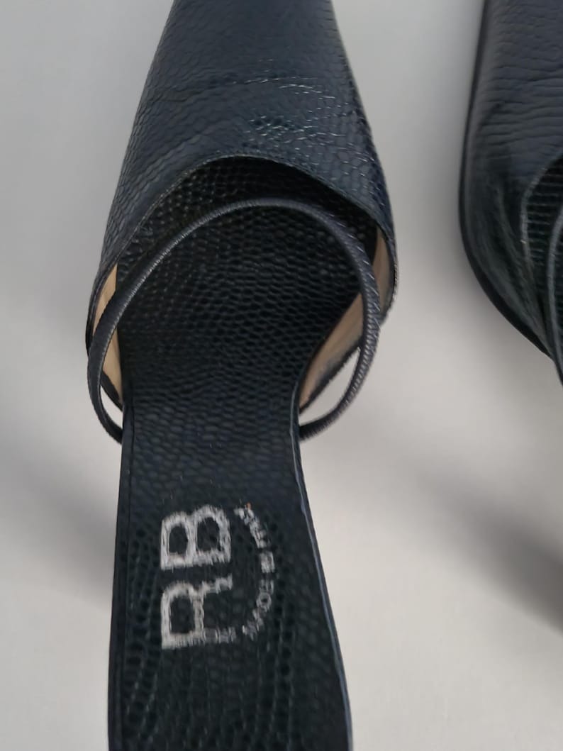 Pu&ograve; includere: Un paio di tacchi alti blu scuro a punta. Le scarpe presentano un motivo strutturato simile a quello dei rettili e sottili cinturini. I tacchi sono alti circa 7,6 cm. La suola della scarpa ha le iniziali "RB" ricamate in bianco.