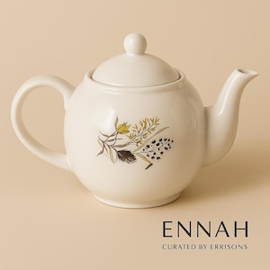 Vintage 1970 Porcelain English White Floral Summer Blossoms Teapot Retro Ceramic Kitchenware Brown Botanical Pottery Cottagecore Home Décor