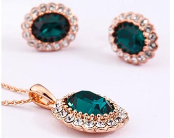 Rose Gold Plated Green Crystal Pendant Oval Stud Set 18K Alloy Jewellery Gift for Her Polished, Sparkling & Gemstone Ruby Birthstone  Set