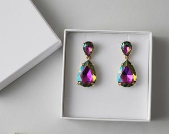 Rainbow Crystal Teardrop Earrings, Gold Tone Dangle Statement Jewellery