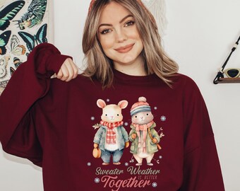 Chritmas Sweatshirt, Vintage Cheerful Sweater Weather Sweatshirt, Cute Animals Christmas Sweatshirt, Holiday Clothing Women, Cozy Weather