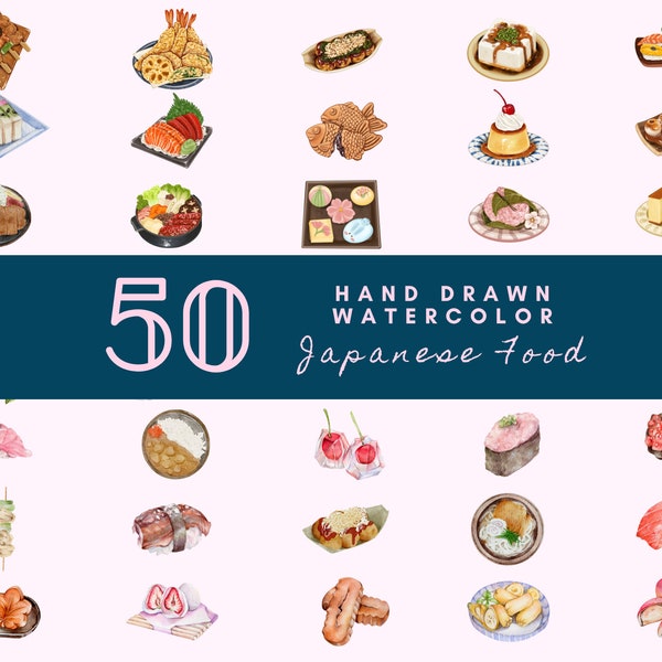 50 Watercolor Japanese food clipart | asian menu design | illustration| digital sticker| Scrapbooking | INSTANT DOWNLOAD