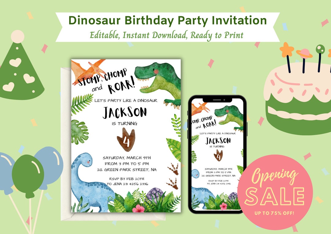 Dinosaur Birthday Party Invitation Editable Template Digital Download ...