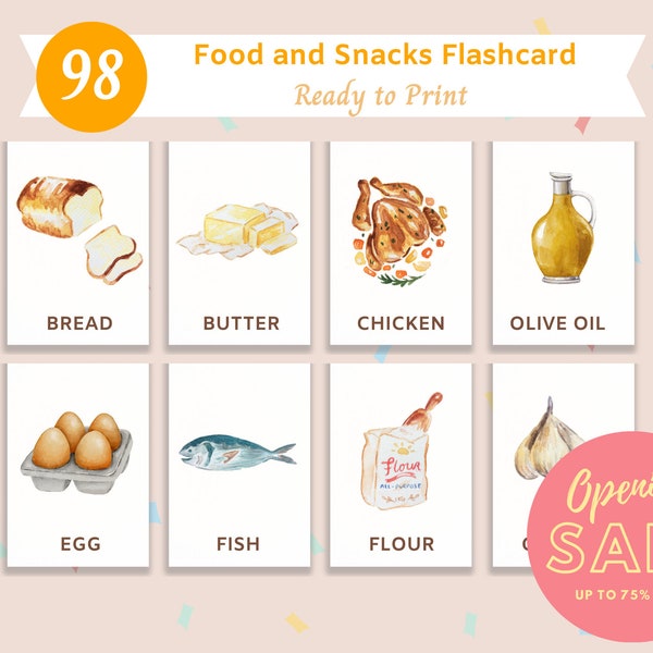 96 Watercolor food and Snack Flashcards | Montessori flashcards | Educational Printable Cards | children recipe | INSTANT DOWNLOAD