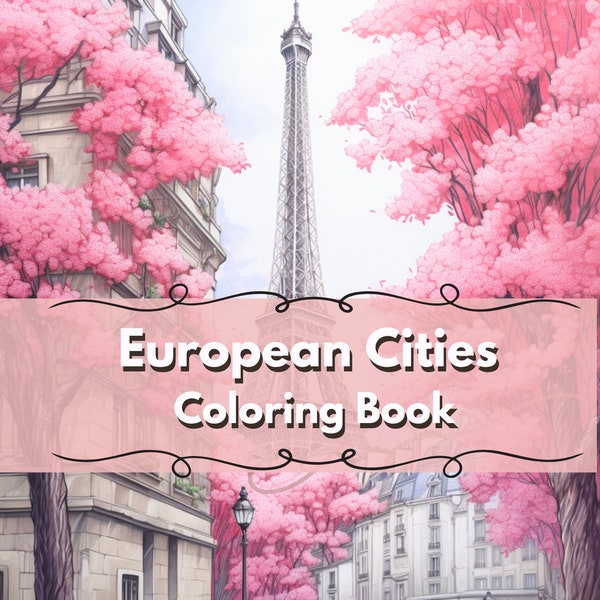 20 Digital European cities coloring pages, perfect for traveling, vacation, destress, relaxation, creative presents, activity book.