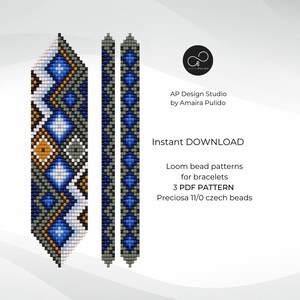 Puede incluir: Patrones digitales de tejido de cuentas para pulseras. Los diseños presentan patrones geométricos en azul, gris, blanco y naranja. El texto dice "Instant DOWNLOAD" y "3 PDF PATTERN".