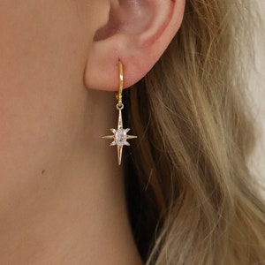 star earrings, gold star earrings, cubic zirconia star earrings, hoop star earrings, minimalist earrings, bridesmaid gift, women earrings.