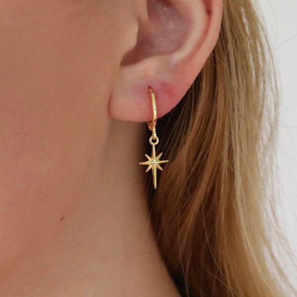 18k gold star earrings with hoop studs, north star earrings, drop star earrings, gift for her, bridesmaid gift.