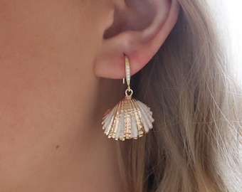 gold shell earrings, natural shell earrings plated with gold, beach earrings.