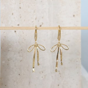 bow earrings, 14k gold filled bows on gold plated cubic zirconia hook, gold filled bow earrings, minimalist earrings, bridesmaid gift. image 2