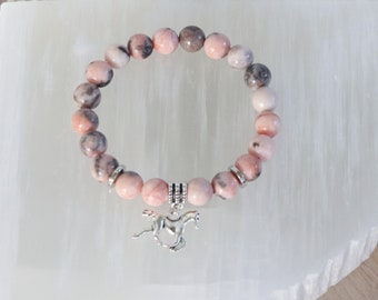 natural stone bracelet with silver horse charm. horse bracelet, pink bracelet, gift for her, gift for him.