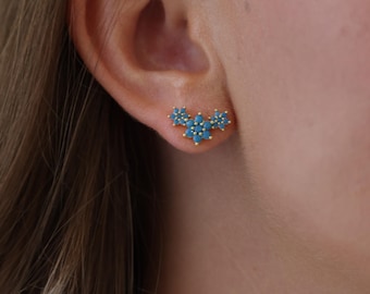 Blue flower earrings, elegant floral  stud earrings, dainty gold earrings, small earrings blue diamond earrings gift for her, birthday gift.