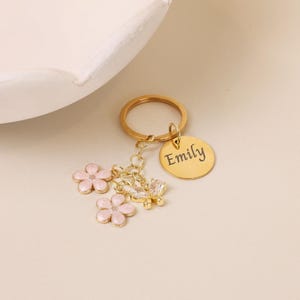 Personalized name keychain with pink flowers and butterfly charm custom gold keychain gift for women keychain birthday gift  for bridesmaid