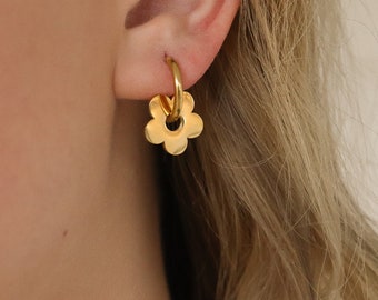 gold flower hoop earrings, 14k gold plated dainty flower earrings, bridesmaid earrings, gift for her.