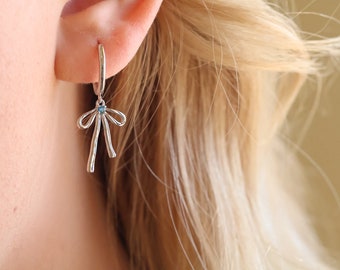 bow earrings, 925 sterling silver bow earrings , blue topaz earrings,birthstone earrings, bridesmaid gift, minimalist earrings.