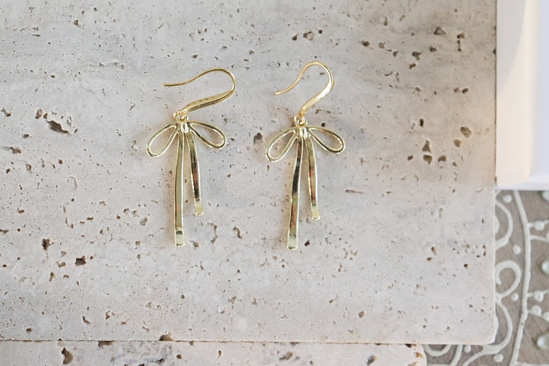 bow earrings, 14k gold filled bows on gold plated cubic zirconia hook, gold filled bow earrings, minimalist earrings, bridesmaid gift. image 3