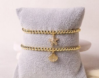 gold beaded shell bracelet, 18k gold filled shell bracelet, gold starfish bracelet, beach bracelet, gift for her, summer bracelet.